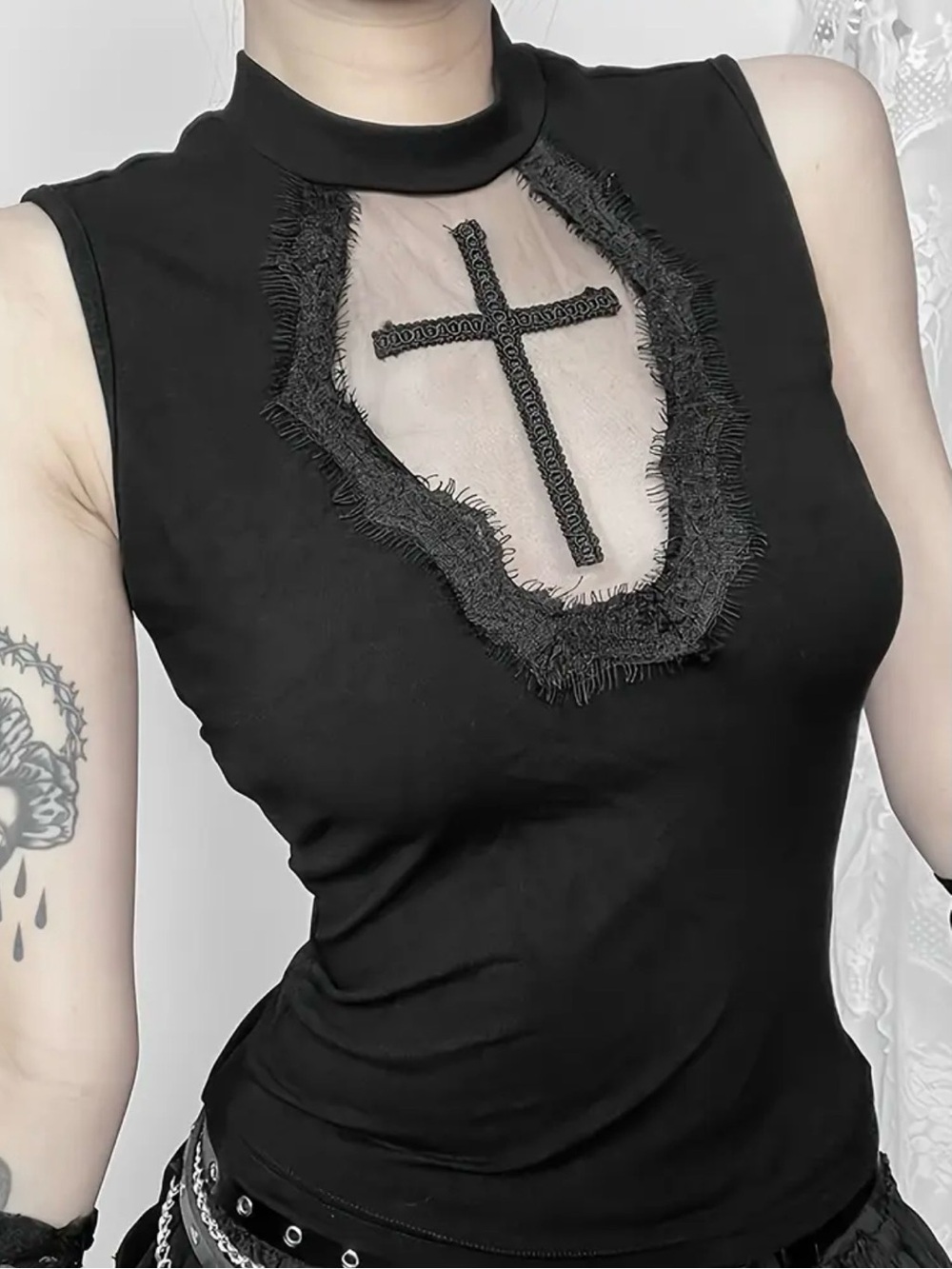 Black XL Sleeveless Mesh Inset Cross Tank Top New